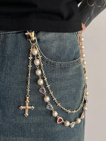 Silver Gold Cross Pants Chain for Men Pocket Chain for Pants Dainty Trendy Pearl Jean Chains for Women Colorful Heart Rhinestone Biker Jean Chains Punk Hip Jewelry Party Music Festival Accessories in Saudi Arabia