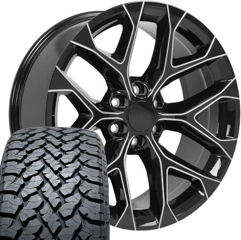 OE Wheels CV98 22 Inch Rims and Tires Fit Silverado 1500 Snowflake Style 6x139.7 22x9 Gloss Black with Milled Edge - Hollander 5668 - TS-37 AT 285/45-22 (Set of 4) in Saudi Arabia
