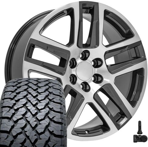 OE Wheels CV63 22 Inch Rims and Tires Fit Silverado 1500 Z71 Style 6x139.7 22x9 Gloss Gunmetal Machined - Hollander 5913 - TS-37 AT 285/45-22 (Set of 4) in Saudi Arabia