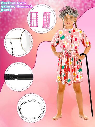 Puteraya 16 Pcs Girls Old Lady Costume 100 Days of School Costume Grandma Dress Up Outfit for Kid Halloween Cosplay Party in Saudi Arabia