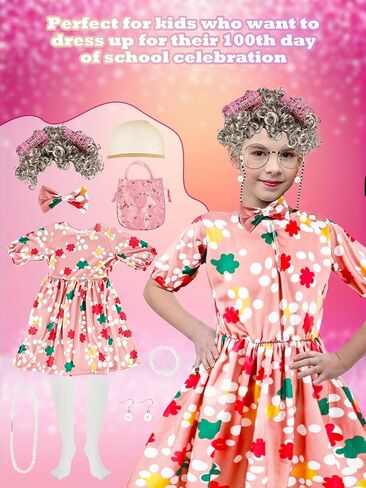 Puteraya 16 Pcs Girls Old Lady Costume 100 Days of School Costume Grandma Dress Up Outfit for Kid Halloween Cosplay Party in Saudi Arabia
