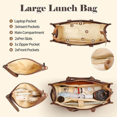 miss fong Lunch Tote Bag for Women - Large Capacity Lunch Box 2 in 1 Laptop Bag with Insulated Lunch Compartment Lunch Bag Laptop Work Tote Bag for Business, Teacher, Nurse, Casual, Travel-Brown | Large Lunch Tote Bag in Saudi Arabia