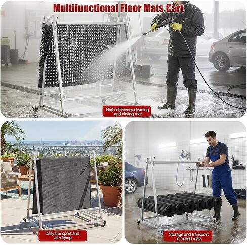 رف غسيل الأرضية وناقل الحصيرة مع عجلات، وعربة غسيل السجادة والنقل مقاس 40 بوصة × 28 بوصة × 42 بوصة، رف تخزين متدحرج من الفولاذ الفضي، مناسب لحصائر الصرف الصناعية وحصيرة الأرضية التجارية in Kuwait