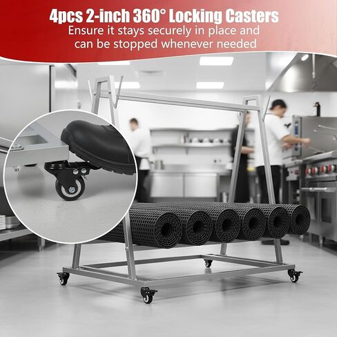 رف غسيل الأرضية وناقل الحصيرة مع عجلات، وعربة غسيل السجادة والنقل مقاس 40 بوصة × 28 بوصة × 42 بوصة، رف تخزين متدحرج من الفولاذ الفضي، مناسب لحصائر الصرف الصناعية وحصيرة الأرضية التجارية in Kuwait