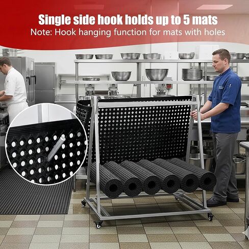 رف غسيل الأرضية وناقل الحصيرة مع عجلات، وعربة غسيل السجادة والنقل مقاس 40 بوصة × 28 بوصة × 42 بوصة، رف تخزين متدحرج من الفولاذ الفضي، مناسب لحصائر الصرف الصناعية وحصيرة الأرضية التجارية in Kuwait