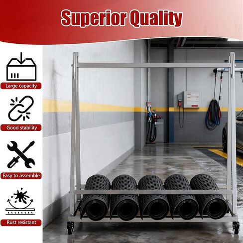 رف غسيل الأرضية وناقل الحصيرة مع عجلات، وعربة غسيل السجادة والنقل مقاس 40 بوصة × 28 بوصة × 42 بوصة، رف تخزين متدحرج من الفولاذ الفضي، مناسب لحصائر الصرف الصناعية وحصيرة الأرضية التجارية in Kuwait