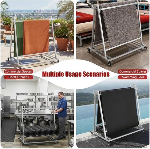 رف غسيل الأرضية وناقل الحصيرة مع عجلات، وعربة غسيل السجادة والنقل مقاس 40 بوصة × 28 بوصة × 42 بوصة، رف تخزين متدحرج من الفولاذ الفضي، مناسب لحصائر الصرف الصناعية وحصيرة الأرضية التجارية in Kuwait