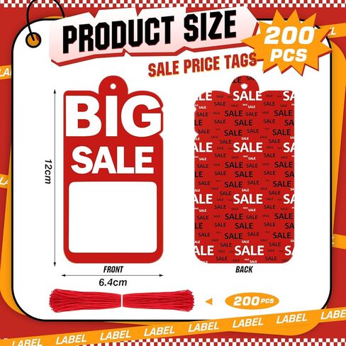 200 Pcs Big Red Sale Price Tags with String 2.5 x 4.7 in Retail Labels with Patterned Back, Writable Pre Punched Hole Ready to String Markdown Tag for Clothing Thrift and Yard Sales in Kuwait