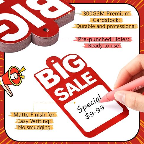 200 Pcs Big Red Sale Price Tags with String 2.5 x 4.7 in Retail Labels with Patterned Back, Writable Pre Punched Hole Ready to String Markdown Tag for Clothing Thrift and Yard Sales in Kuwait