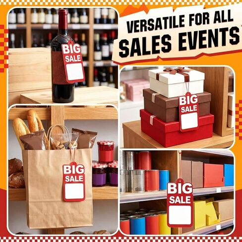 200 Pcs Big Red Sale Price Tags with String 2.5 x 4.7 in Retail Labels with Patterned Back, Writable Pre Punched Hole Ready to String Markdown Tag for Clothing Thrift and Yard Sales in Kuwait