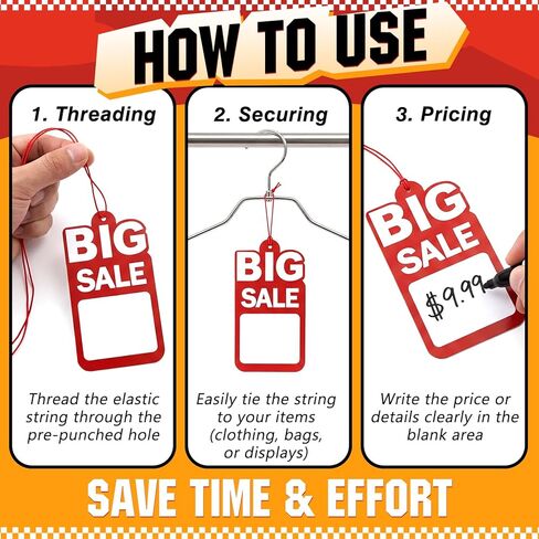 200 Pcs Big Red Sale Price Tags with String 2.5 x 4.7 in Retail Labels with Patterned Back, Writable Pre Punched Hole Ready to String Markdown Tag for Clothing Thrift and Yard Sales in Kuwait