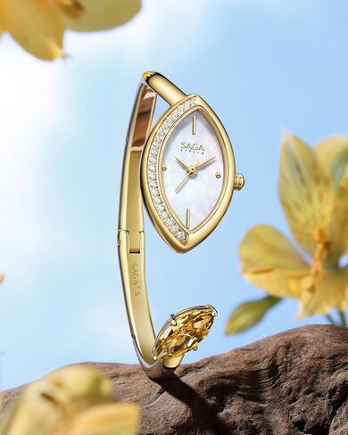 SAGA Four Seasons Women's Luxury Cuff Bangle Watch, Shaped Mineral Case, 316L Stainless Steel Bracelet with Danube Crystals, Swiss Ronda Quartz Movement, 30M Water Resistant in Saudi Arabia