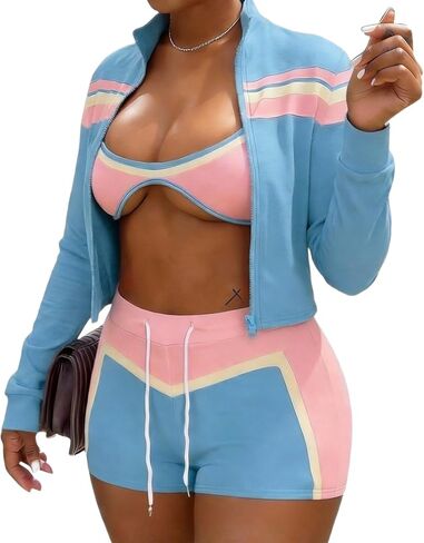 Ophestin المرأة 2 قطعة الزي Colorblock مجموعات قصيرة كم طويل زمم سترة Sweatsuit مجموعة مع حمالة الصدر الخروج عطلة in Saudi Arabia