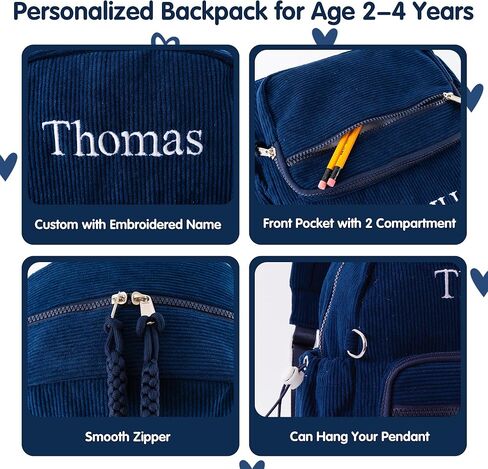 حقيبة ظهر MT WORLD Daycare حقيبة ظهر صغيرة مخصصة مع اسم - حقائب ظهر مطرزة باللون الأزرق الداكن مقاس 11.8 بوصة مع جيوب قابلة للتعديل لزجاجات المياه وحقيبة رعاية نهارية مخصصة للسفر وعيد ميلاد الحفاضات in Kuwait