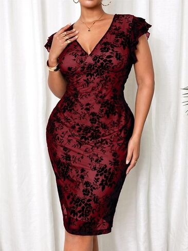 RWJ Plus Size Wedding Guest Dresses for Women 2026 Spring Summer V Neck Floral Bodycon Mesh Evening Cocktail Party Dress in Saudi Arabia
