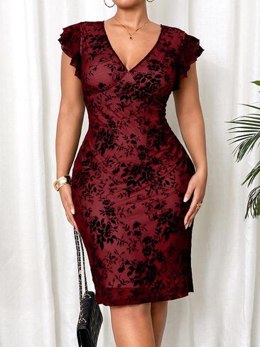 RWJ Plus Size Wedding Guest Dresses for Women 2026 Spring Summer V Neck Floral Bodycon Mesh Evening Cocktail Party Dress in Saudi Arabia