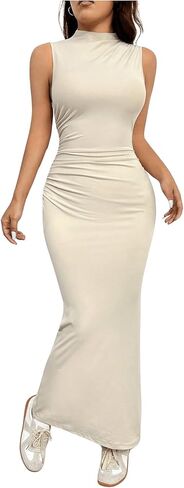 OYOANGLE Women's Mock Neck Ruched Bodycon Tank Dress Solid Party Club Maxi Dresses in Saudi Arabia