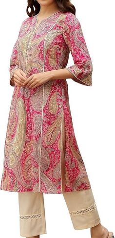 Women's Ethnic Pink Paisley Printed Straight Kurti with 3/4 Sleeves – Stylish Daily & Festive Wear pink carry in Saudi Arabia