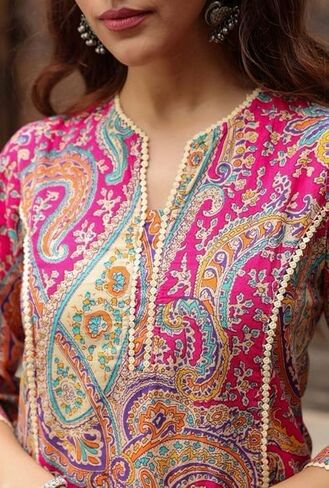 Women's Ethnic Pink Paisley Printed Straight Kurti with 3/4 Sleeves – Stylish Daily & Festive Wear pink carry in Saudi Arabia