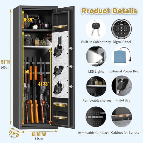 Biometric Gun Safe, Rifle for Rifles and Pistols, Large Gun Cabinet with Fingerprint Lock, Quick Access for Home, Bed Storage, Holds 14-15 Firearms with Adjustable Racks & Pistol Pockets in Saudi Arabia