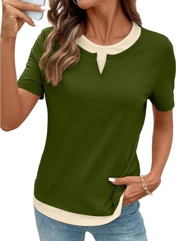 SHEWIN Womens Tops Casual Crewneck Color Block Short Sleeve Mock Double Layer T-Shirt Summer Outfits for Women 2026 in Saudi Arabia