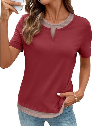 SHEWIN Womens Tops Casual Crewneck Color Block Short Sleeve Mock Double Layer T-Shirt Summer Outfits for Women 2026 in Saudi Arabia