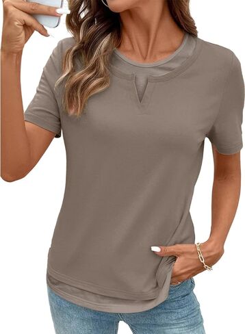 SHEWIN Womens Tops Casual Crewneck Color Block Short Sleeve Mock Double Layer T-Shirt Summer Outfits for Women 2026 in Saudi Arabia