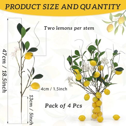 4 قطع من فروع الليمون الاصطناعي مقاس 45.72 سم ديكور ليمون مزيف فرع فاكهة صناعية جذع ليمون واقعي مع أوراق نابضة بالحياة لتزيين طاولة المطبخ المنزلية in Kuwait