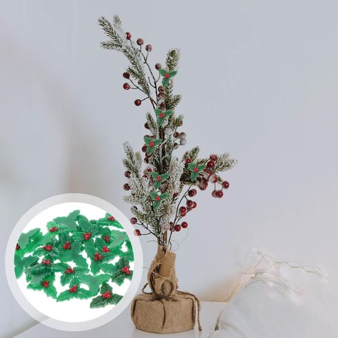 30Pcs Holly Leaves and Berries Resin Ornaments for Christmas DIY Crafts Decorations for Christmas Trees Wreaths Holiday Decor in Saudi Arabia