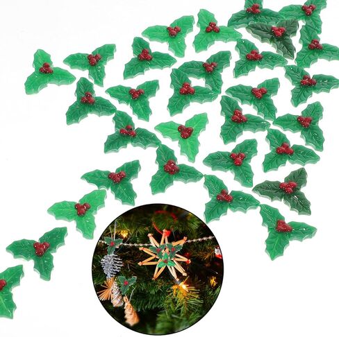 30Pcs Holly Leaves and Berries Resin Ornaments for Christmas DIY Crafts Decorations for Christmas Trees Wreaths Holiday Decor in Saudi Arabia
