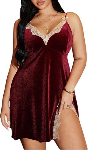 WDIRARA Women's Plus Size Lace Trim Velvet Nightgowns Slip Dress V Neck Nightdress Chemise Sleepwear in Saudi Arabia
