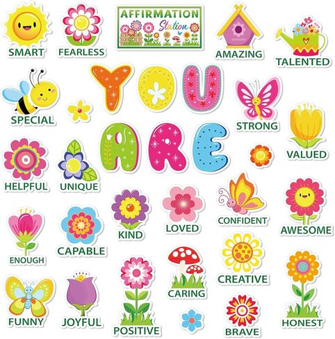 JarThenaAMCS Spring Bulletin Board Decorations Affirmation Station Bulletin Board Set Colorful Flower Motivational Posters Butterfly Bee Paper Cutouts for School Classroom Wall Chalkboard Decor in Saudi Arabia