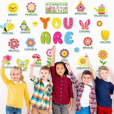 JarThenaAMCS Spring Bulletin Board Decorations Affirmation Station Bulletin Board Set Colorful Flower Motivational Posters Butterfly Bee Paper Cutouts for School Classroom Wall Chalkboard Decor in Saudi Arabia