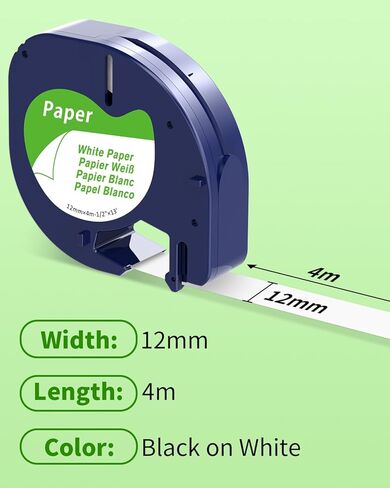 استبدال الورق الأبيض COLORTY A91330 لصانع الملصقات Dymo يعيد تعبئة شريط الملصقات 12 مم × 4 متر متوافق مع Dymo LetraTag LT-100H LT-100T QX50 200B 2000، 6 عبوات in Kuwait