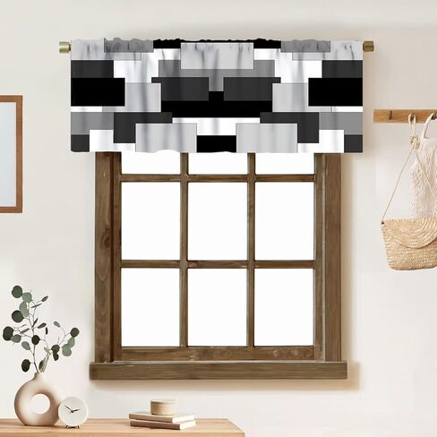 Gray and Black Valance Curtain Gray White Geometric Silver Dark Abstract Square Art Rod Pocket Valance Window Treatments Short Curtains for Kitchen Living Room Decor 54x18inch in Saudi Arabia