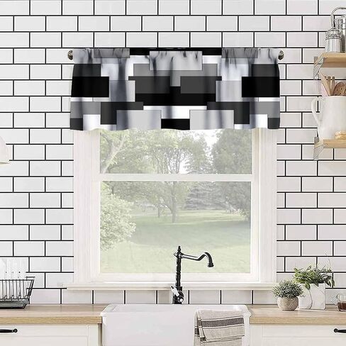 Gray and Black Valance Curtain Gray White Geometric Silver Dark Abstract Square Art Rod Pocket Valance Window Treatments Short Curtains for Kitchen Living Room Decor 54x18inch in Saudi Arabia