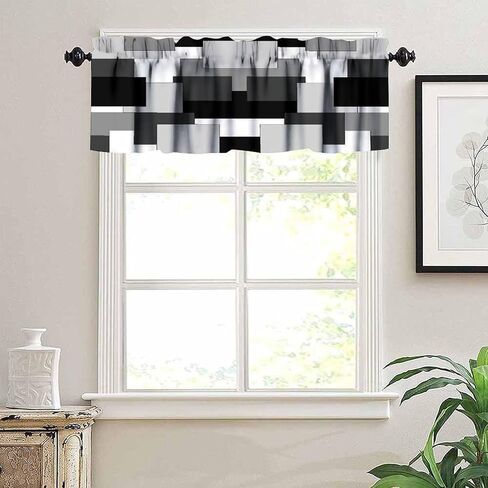 Gray and Black Valance Curtain Gray White Geometric Silver Dark Abstract Square Art Rod Pocket Valance Window Treatments Short Curtains for Kitchen Living Room Decor 54x18inch in Saudi Arabia