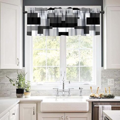 Gray and Black Valance Curtain Gray White Geometric Silver Dark Abstract Square Art Rod Pocket Valance Window Treatments Short Curtains for Kitchen Living Room Decor 54x18inch in Saudi Arabia
