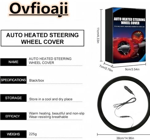غطاء عجلة القيادة المدفأ العالمي 12 فولت لتدفئة عجلة القيادة 14.5-15.5 بوصة غطاء حماية عجلة القيادة التلقائي للسيارات والشاحنات والشاحنات (أسود 3) in Kuwait