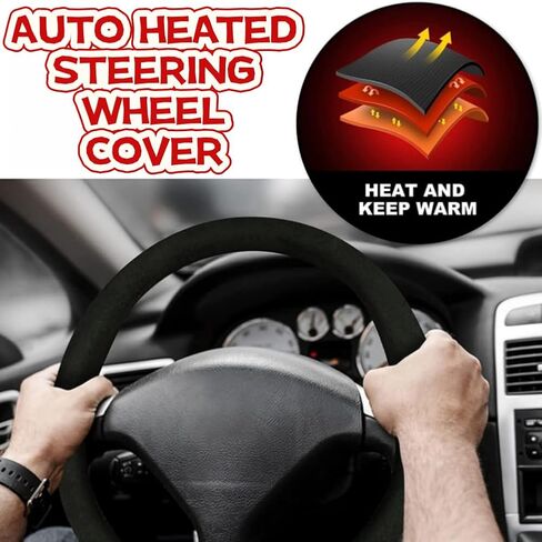 غطاء عجلة القيادة المدفأ العالمي 12 فولت لتدفئة عجلة القيادة 14.5-15.5 بوصة غطاء حماية عجلة القيادة التلقائي للسيارات والشاحنات والشاحنات (أسود 3) in Kuwait