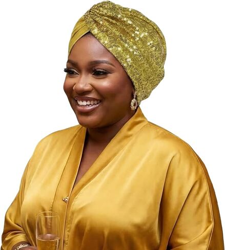 Sequined Turban Head Wrap, Gold Glitter Evening Headpiece, Stretch Fabric,Hats Used to Cover The Hair of Cancer Patients in Saudi Arabia