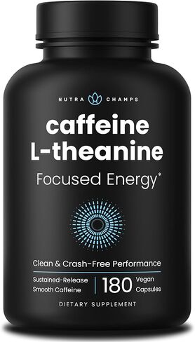Caffeine Pills with L-Theanine - 180 Energy Pills for Women & Men - Clean & Long-Lasting Focused Energy - Sustained Release 100mg Caffeine + 200mg L Theanine - No Crash Capsules, Vegan Supplement in Saudi Arabia