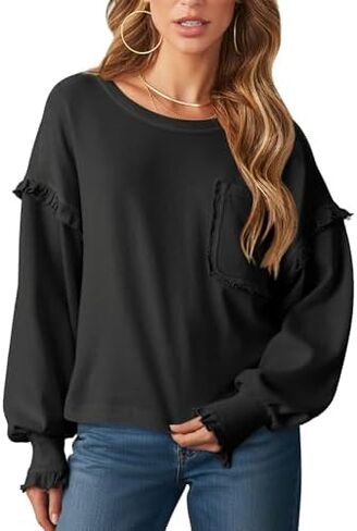 سويت شيرت نسائي من Sunborui بأكمام طويلة مكشكش ورقبة دائرية، بلوفر كاجوال لطيف كبير الحجم مع جيب ﻿ in Kuwait
