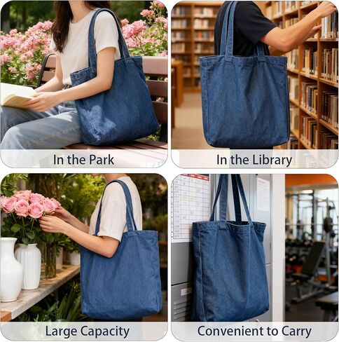 Denim Tote Bag, Shoulder Handbag Shopping Travel Pockets Reusable Grocery Bags in Saudi Arabia