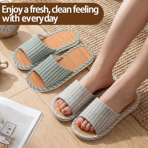 Shihanee 2 Pairs Bamboo Slippers for Women Men Summer Breathable Non-slip Soft Japanese House Slippers with Sole Odor-resistant Light Green Khaki Tatami Style Indoor Cooling Sandals, Size 7.5-8.5 in Saudi Arabia