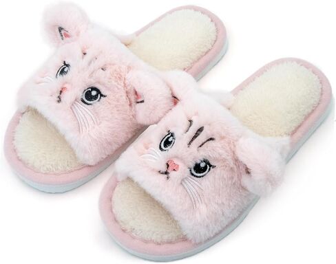 إمرأة لطيف الكرتون القط المنزل النعال المفتوحة تو عدم الانزلاق موجة وحيد فو الفراء الشريحة أفخم شبشب منزل أحذية للرجال زوجين in Kuwait