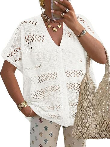 KISSMODA Women Crochet Cardigan Short Sleeve Knit Open Front Summer Sweater Beach Cover Up Dreaay Casual S-XXL in Saudi Arabia