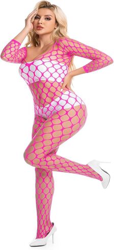 Amashion women's Sexy Fishnet Bodysuit Stockings,Hollow Out Rave Outfits and Mesh Top Set,Club Outfit Exotic Dancewear in Saudi Arabia