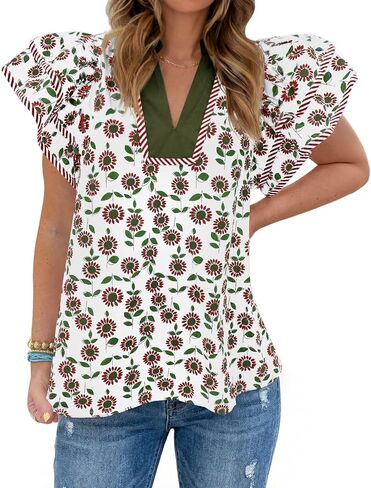 Tankaneo Womens Ruffle Sleeve Floral Blouses Summer Dressy Casual V Neck Tops Loose Fit Pleated Flowy Shirts in Saudi Arabia