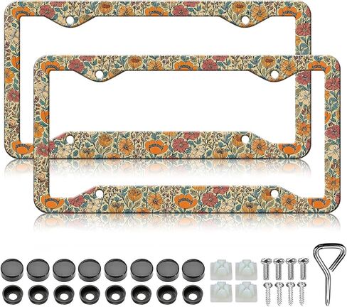 Beautiful Floral Print License Plate Frames - 2 Pack Vintage Flower License Plate Frame Holder,Aluminum Metal Rust-Proof Waterproof Car Decorative Tag Frames for Standard US Canada 12x6 Inch in Saudi Arabia